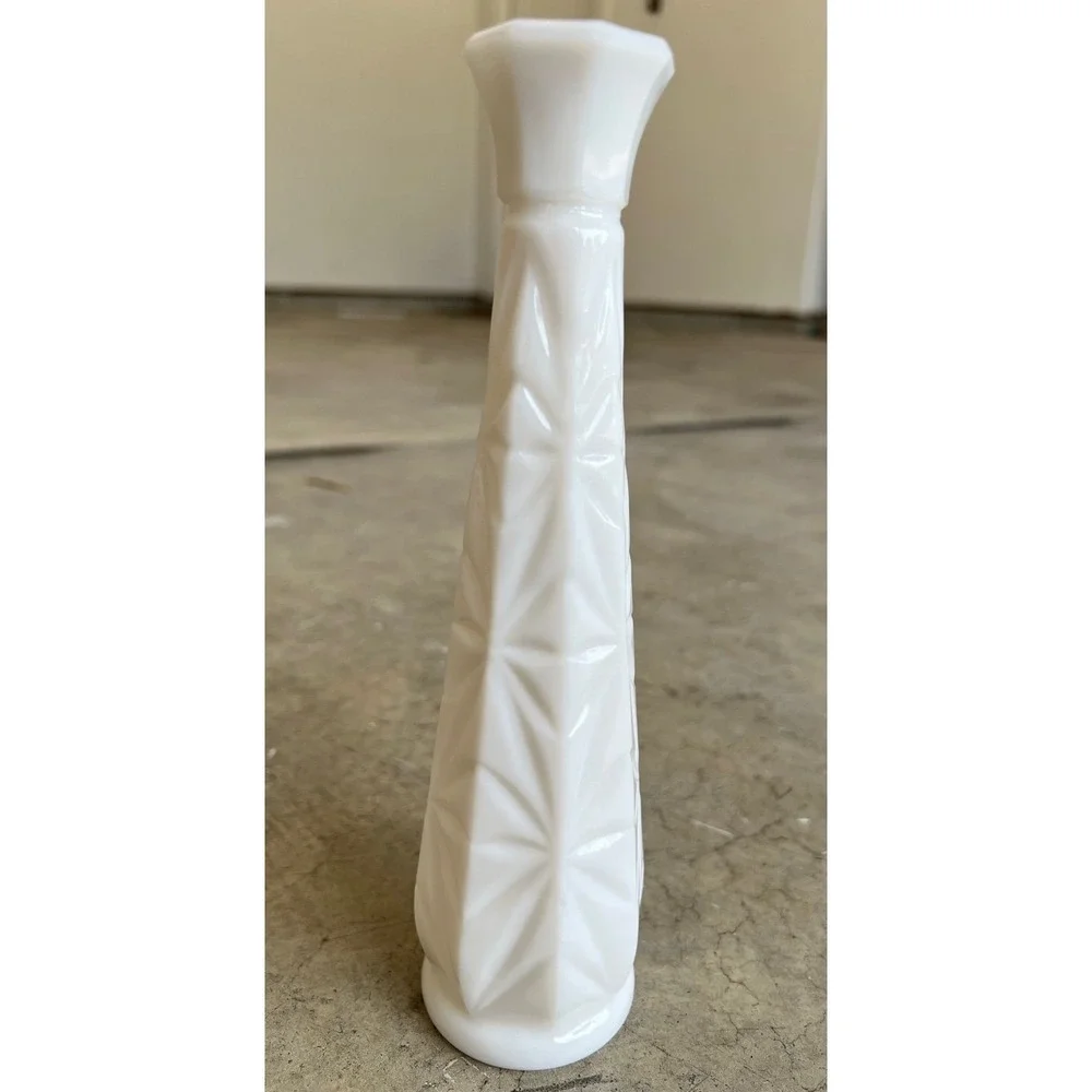 Vintage Milk Glass 9 Inch Bud Vase Lot of 3 White Stars Diamonds Ribbed Patterns